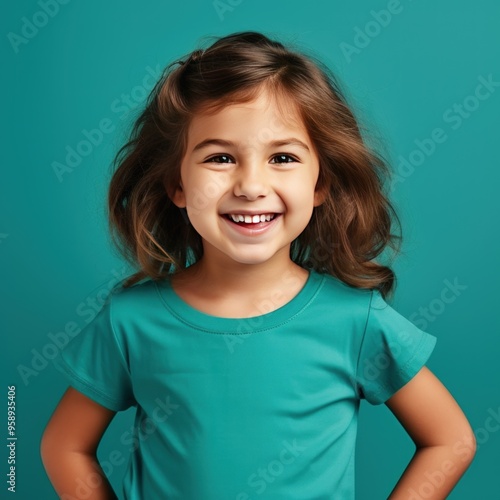 Teal background Happy european white child realistic person portrait of young beautiful Smiling child Isolated on Background Banner with copyspace 