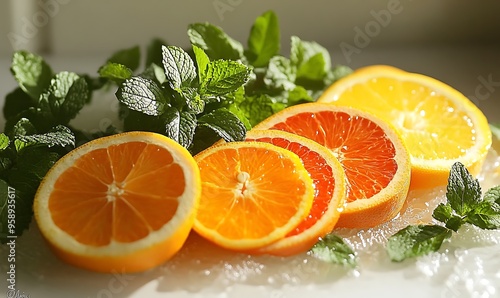 Orange and Grapefruit Slices with Fresh Mint Leaves