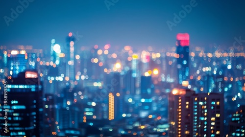 A blurred cityscape at night, showcasing vibrant lights and urban architecture.