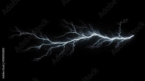 Dynamic lightning bolt with branching extensions, isolated on a black backdrop, highlighting the force and beauty of natural electrical phenomena