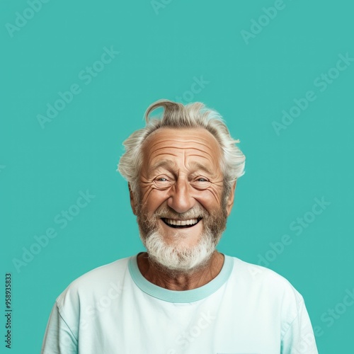 Teal background Happy european white man grandfather realistic person portrait of young beautiful Smiling old man Isolated on Background Banner