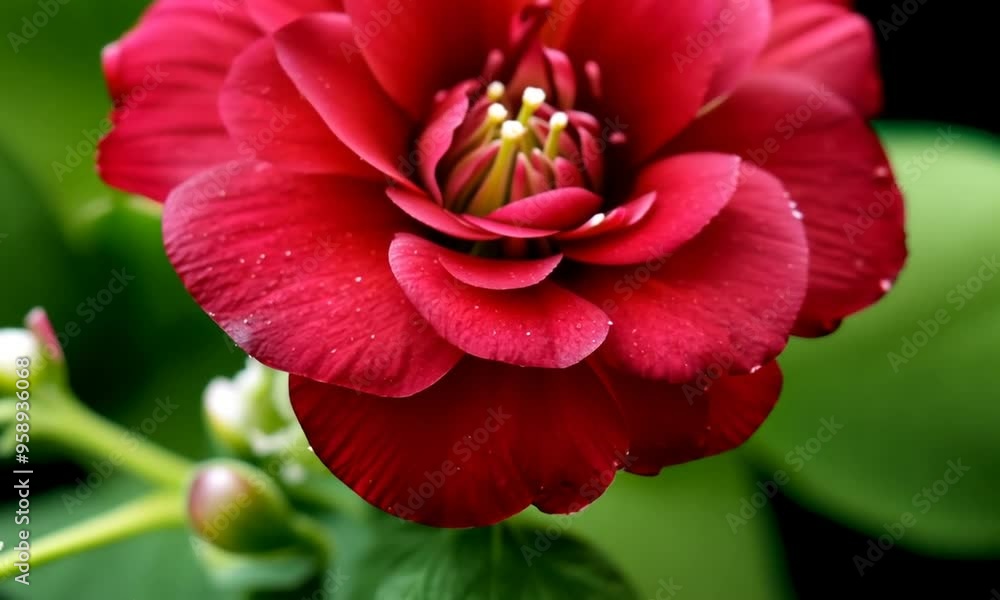 Macro shot of a red carnation flower with water droplets and green leaves in a lush natural setting Macro shot of a red carnation flower with water droplets and green leaves in a lush natural setting