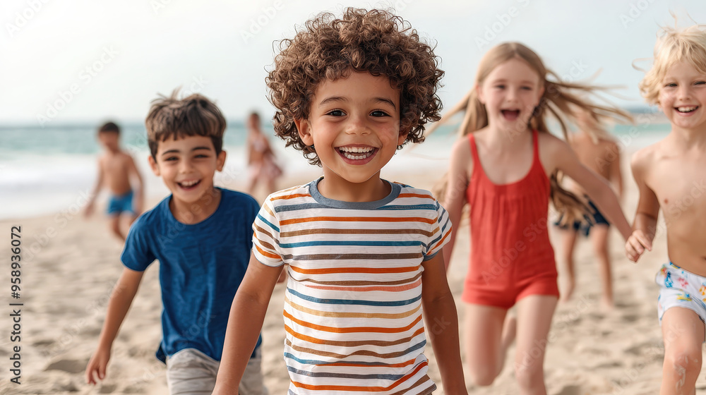 Joyful kids running on the beach, enjoying their summer day filled with laughter, friendship, and sunshine. Joyful kids running on the beach, enjoying their summer day filled with laughter, friendship, and sunshine.