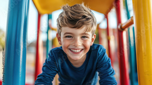 Happy child playing on a colorful playground, embodying joy and childhood innocence in a vibrant outdoor setting.