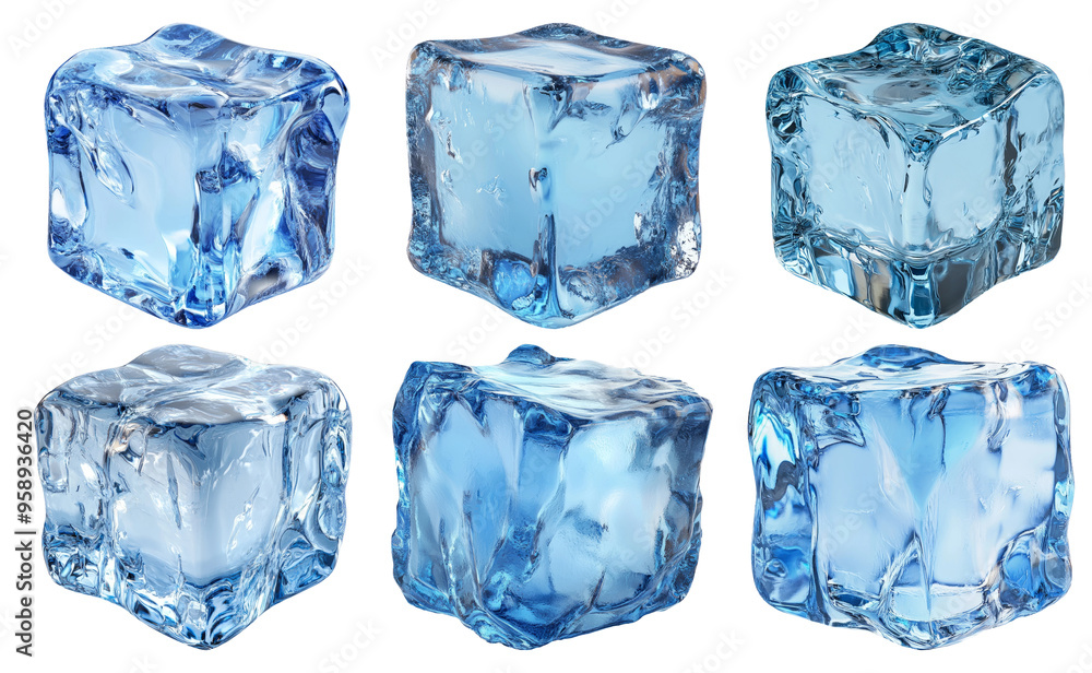 Crystal clear ice cubes in various sizes isolated on transparent background Crystal clear ice cubes in various sizes isolated on transparent background