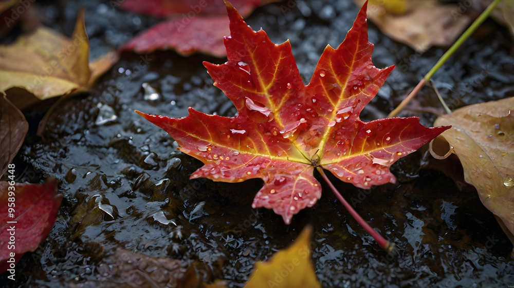Vibrant red maple leaf resting on a wet surface among fallen autumn leaves in a serene setting during the fall season Vibrant red maple leaf resting on a wet surface among fallen autumn leaves in a serene setting during the fall season