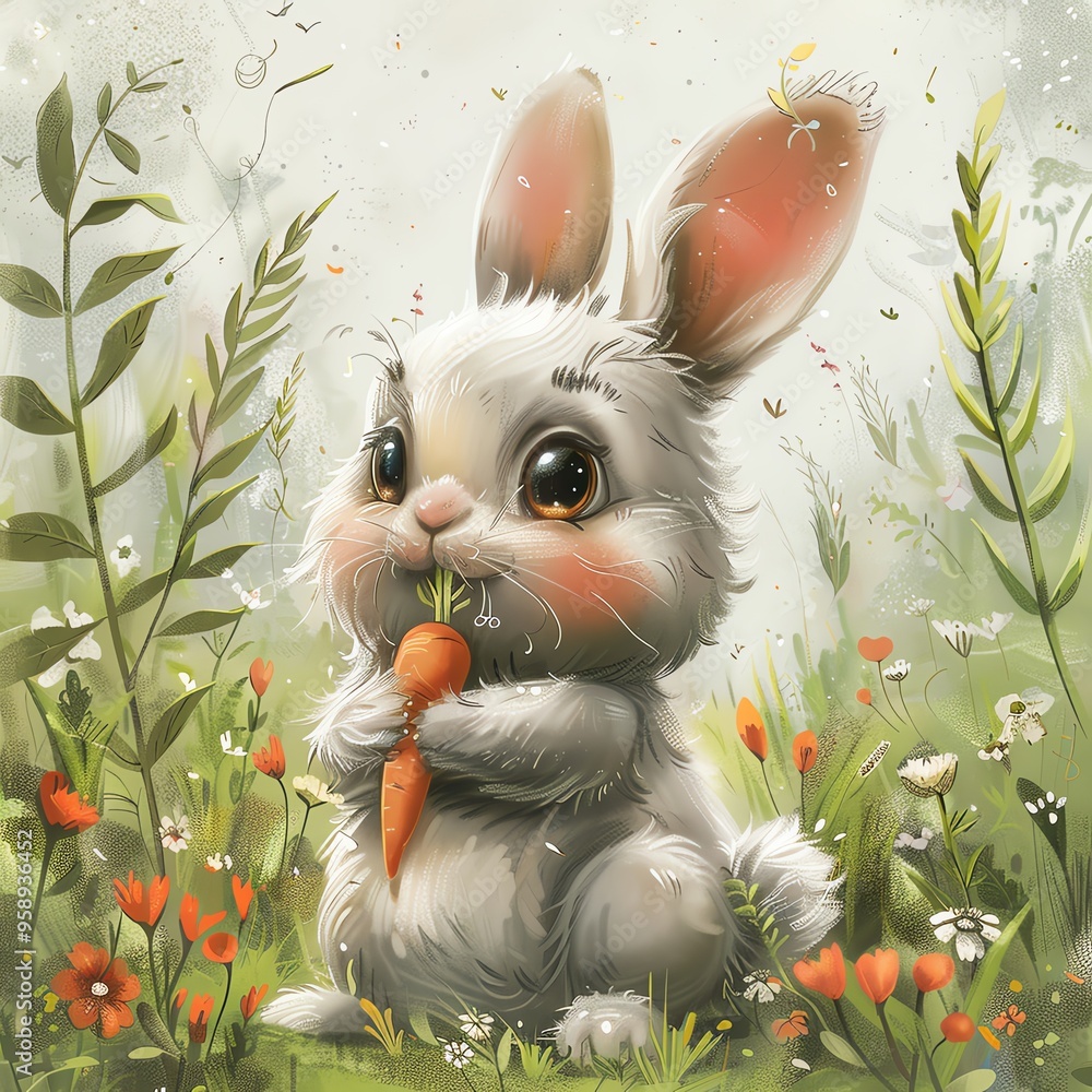 Cute cartoon bunny holding a carrot, in a bright and cheerful garden ...