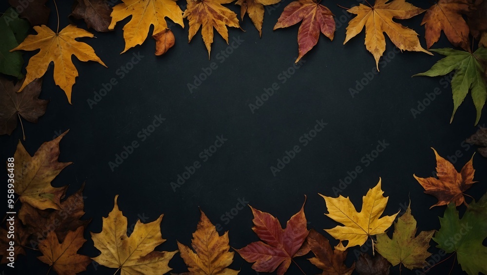 A frame created from autumn leaves set against a dark background, with space for adding text or design. A frame created from autumn leaves set against a dark background, with space for adding text or design.