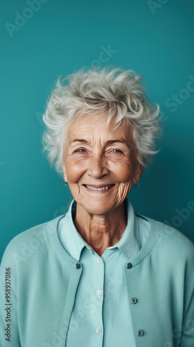 Teal background Happy european white Woman grandmother realistic person portrait of young beautiful Smiling Woman Isolated on Background Banner