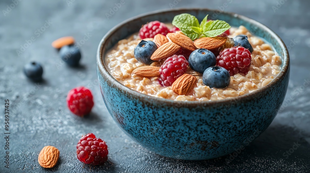 A vibrant bowl of oatmeal topped with fresh berries and almonds, perfect for a healthy breakfast. A vibrant bowl of oatmeal topped with fresh berries and almonds, perfect for a healthy breakfast.