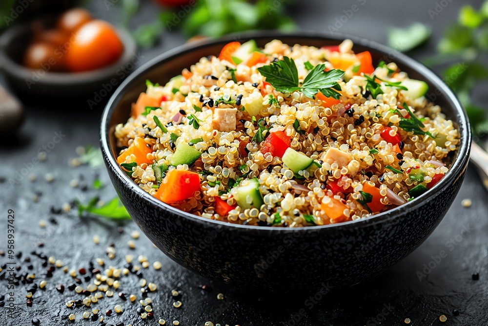 A vibrant bowl of quinoa salad with fresh vegetables, perfect for healthy eating and meal preparation. A vibrant bowl of quinoa salad with fresh vegetables, perfect for healthy eating and meal preparation.