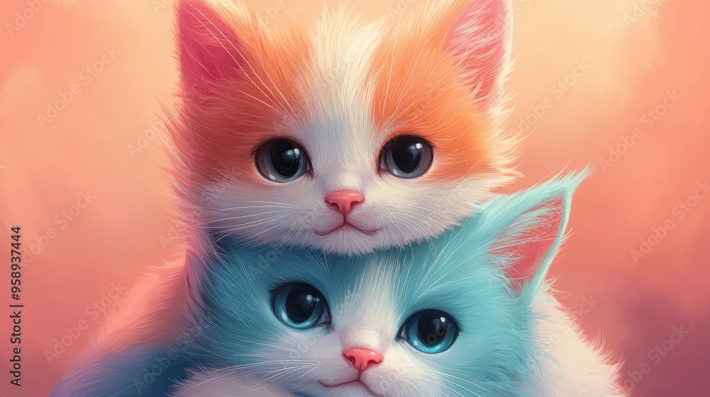 Three adorable cats with white, orange, and blue fur, stacked on top of each other, with black eyes, pink ears, and a simple, colorful background, soft digital art Three adorable cats with white, orange, and blue fur, stacked on top of each other, with black eyes, pink ears, and a simple, colorful background, soft digital art