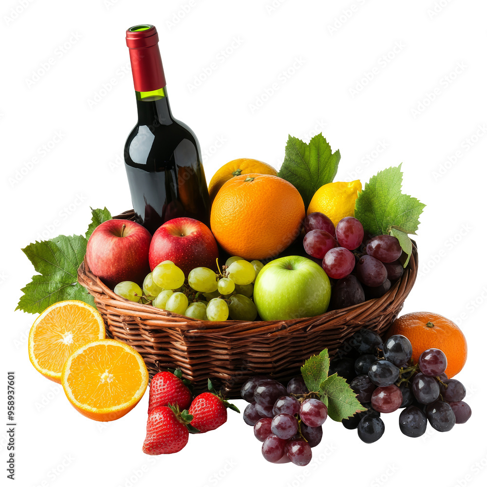 Wine Bottles and Grapes in Wicker Basket Wine Bottles and Grapes in Wicker Basket