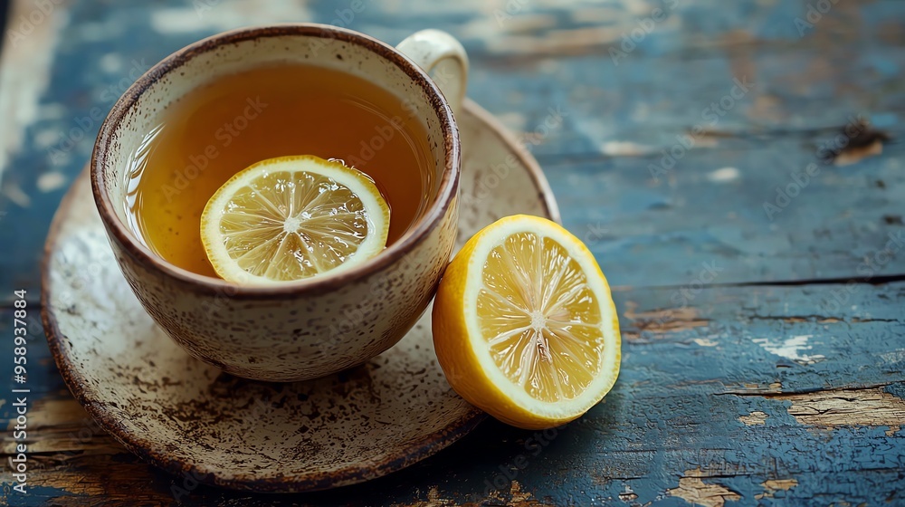 A warm cup of lemon tea resting on a rustic wooden table, garnished with fresh lemon slices for a refreshing touch. A warm cup of lemon tea resting on a rustic wooden table, garnished with fresh lemon slices for a refreshing touch.