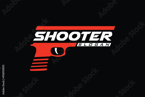 Creative pistol logo. Shooter pistol Vector illustration in engraving technique of old fashioned handgun.