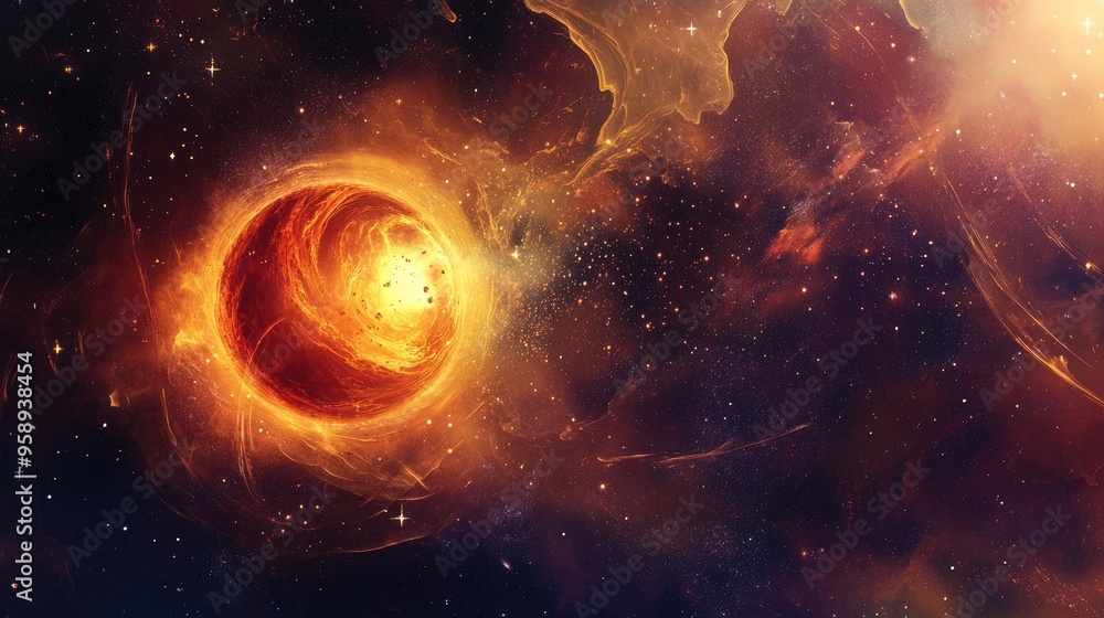 Fototapeta premium A vibrant cosmic scene depicting a fiery planet amidst a colorful nebula.
