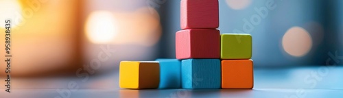 Colorful building blocks stacked on a table, showcasing creativity and playfulness, ideal for educational or artistic themes. photo