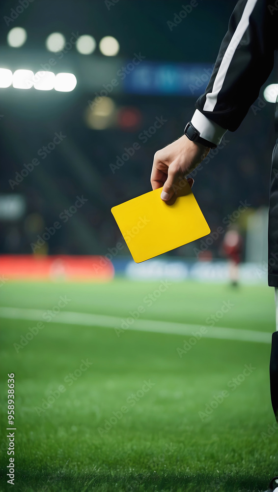 Hand holding yellow card, warning, referee at soccer match, sport background, template, copy space area