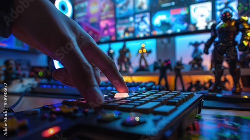 Close-up of a gamer's hand about to press a luminous play button on a gaming console in a room filled with collectible figures and dual monitors.