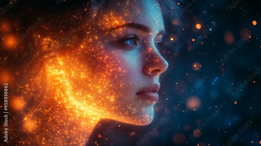 Magical Portrait of Woman with Glowing Particles Effect Magical Portrait of Woman with Glowing Particles Effect
