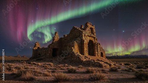 An ancient desert ruin under the Aurora Borealis photo