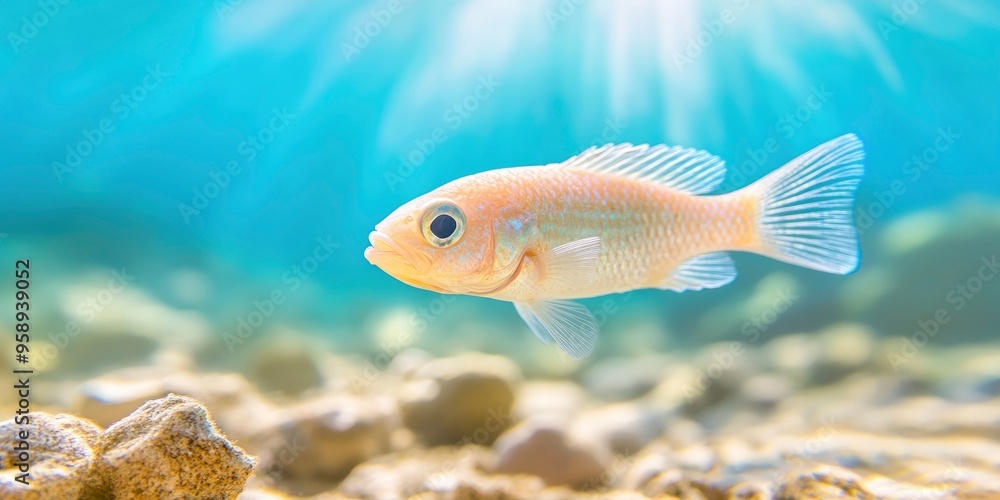 Fototapeta premium A real fish is seen swimming across the sunny, sandy bottom of crystal-clear water, showcasing animals in its own environment.