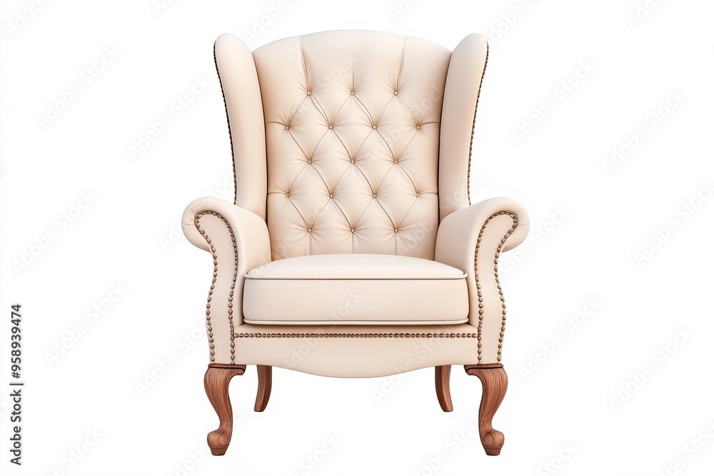 Elegant cream upholstered armchair with tufted back and wooden legs, perfect for enhancing living room decor. Elegant cream upholstered armchair with tufted back and wooden legs, perfect for enhancing living room decor.