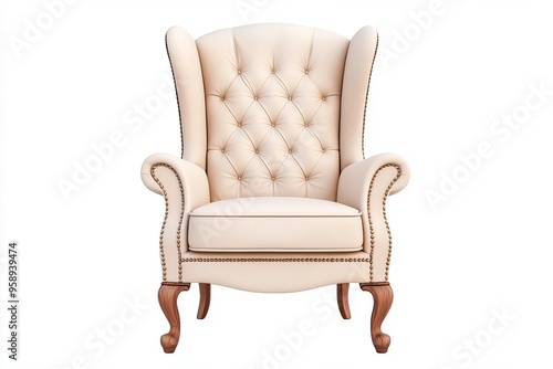 Elegant cream upholstered armchair with tufted back and wooden legs, perfect for enhancing living room decor.