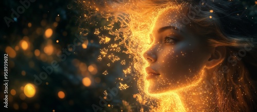 Ethereal Woman Surrounded by Glowing Light Particles at Night