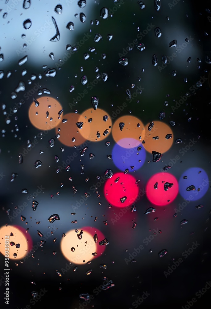 Blurred lights in the rain, with water droplets on a window Blurred lights in the rain, with water droplets on a window