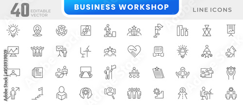 Business workshop line icon collection. Presentation, building, teamwork, coaching, meeting, community, team, managing, coaching, goal, people icon set. UI outline icon pack
