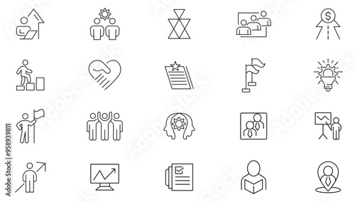 Business workshop line icon collection. Presentation, building, teamwork, coaching, meeting, community, team, managing, coaching, goal, people icon set. UI outline icon pack