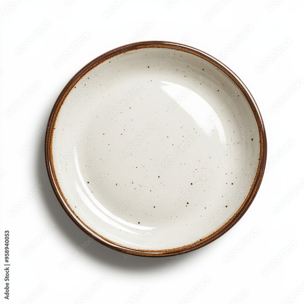 A charming ceramic plate with a unique speckled finish rests on a clean surface A charming ceramic plate with a unique speckled finish rests on a clean surface
