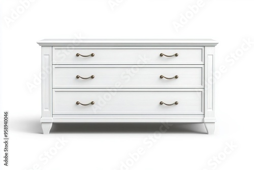 Elegant white dresser with three spacious drawers and stylish handles, perfect for adding charm to any bedroom or living space. photo