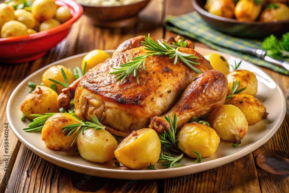 High-resolution close-up photograph of a perfectly roasted chicken breast served with golden, crispy potatoes, garnished with fresh herbs and a drizzle of savory gravy High-resolution close-up photograph of a perfectly roasted chicken breast served with golden, crispy potatoes, garnished with fresh herbs and a drizzle of savory gravy