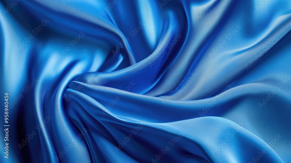 Fototapeta premium Elegant blue silk fabric flowing in the wind, smooth texture and rich color, close-up -