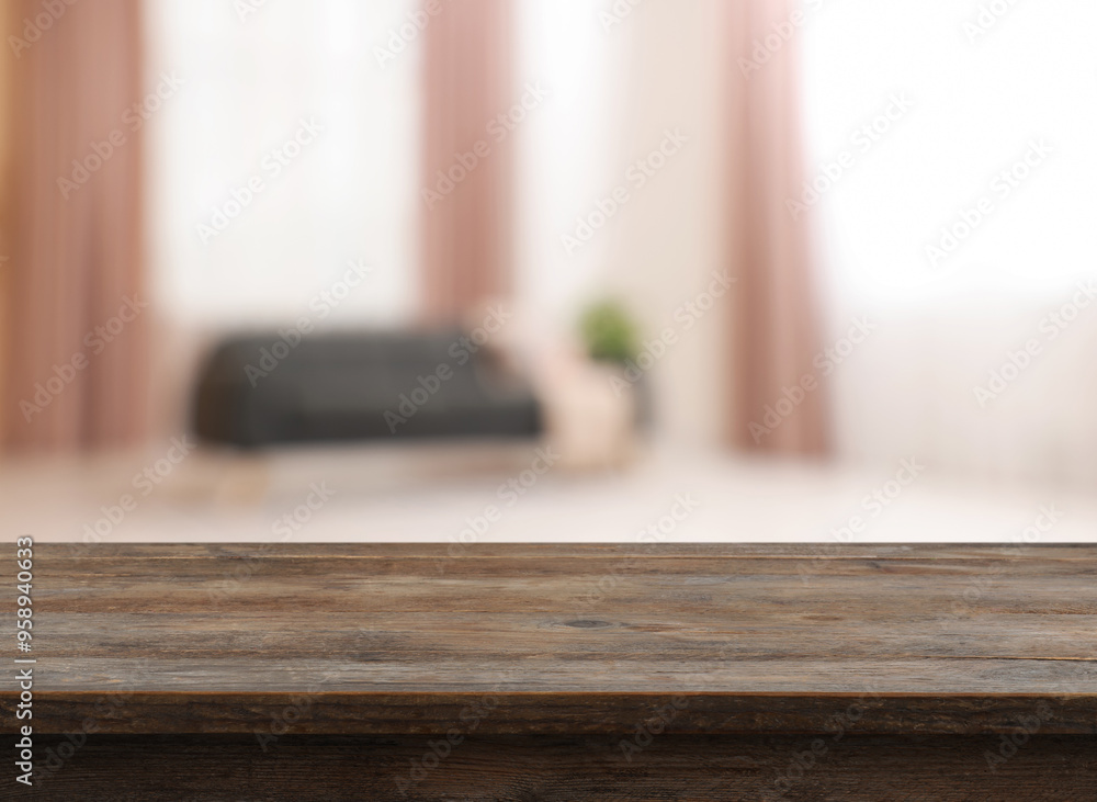 Empty wooden table near window with curtains. Space for design Empty wooden table near window with curtains. Space for design