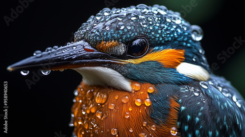 A close-up macro photograph of a kingfisher bird with blue, green, and orange feathers covered in water droplets.