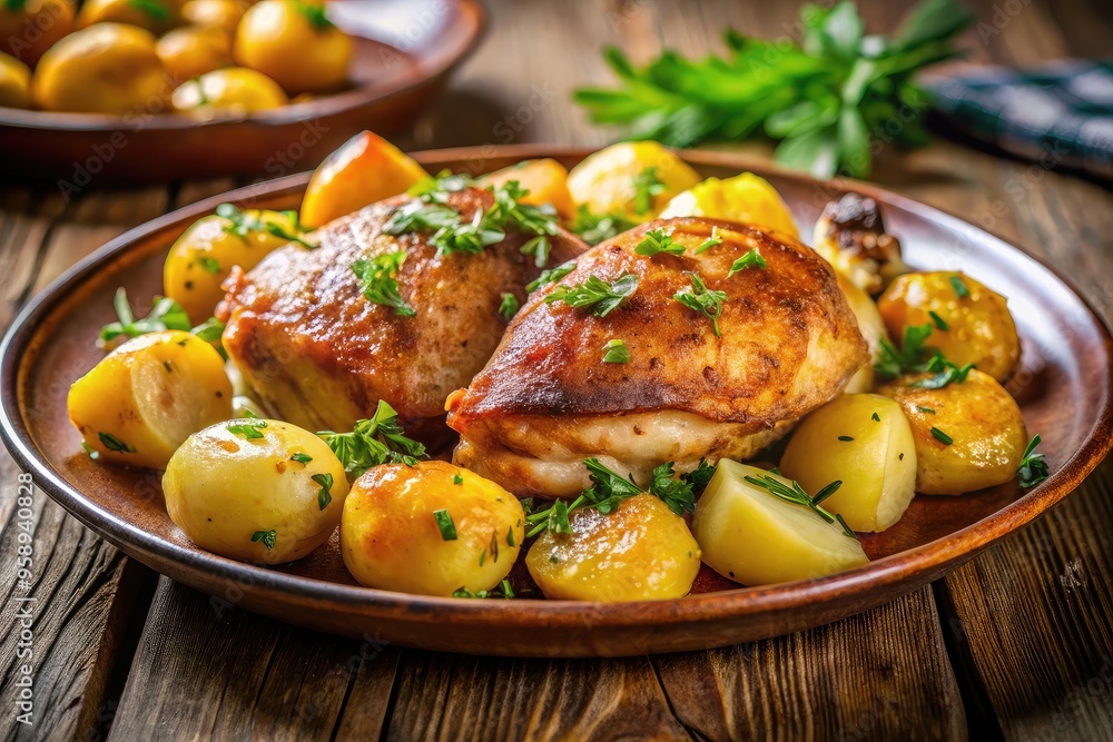 High-resolution close-up photograph of a perfectly roasted chicken breast served with golden, crispy potatoes, garnished with fresh herbs and a drizzle of savory gravy High-resolution close-up photograph of a perfectly roasted chicken breast served with golden, crispy potatoes, garnished with fresh herbs and a drizzle of savory gravy