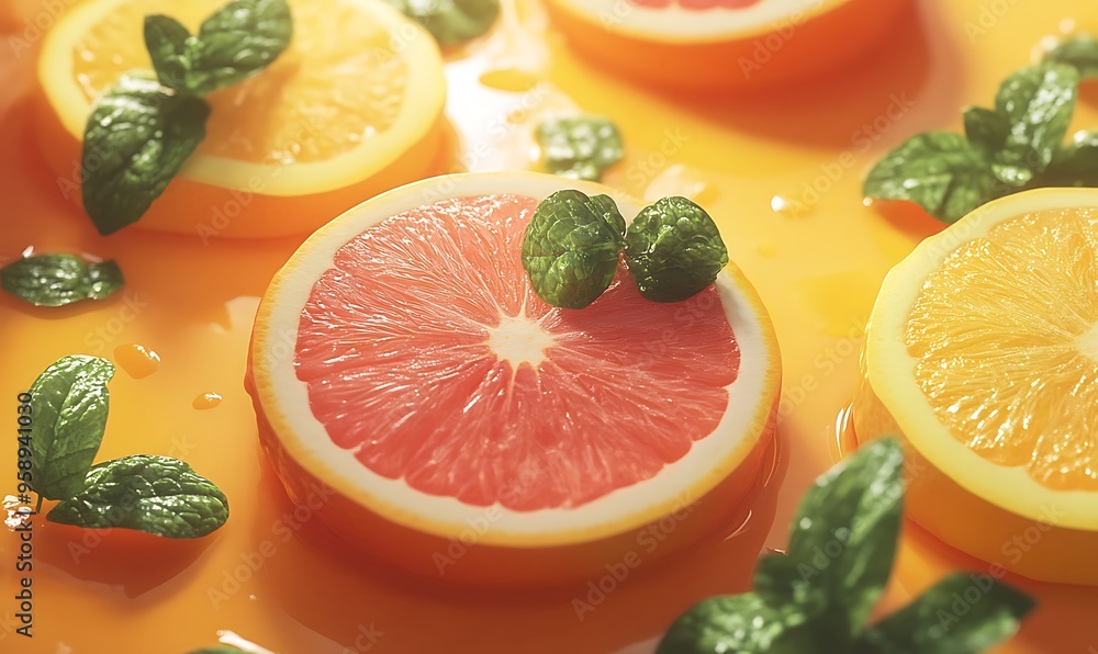 Grapefruit and Orange Slices with Mint Leaves in Juice Grapefruit and Orange Slices with Mint Leaves in Juice