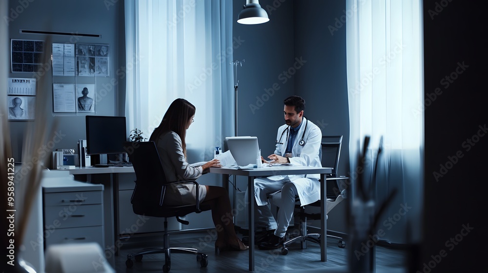 Doctor and patient discuss medical records in a dimly lit office. Doctor and patient discuss medical records in a dimly lit office.