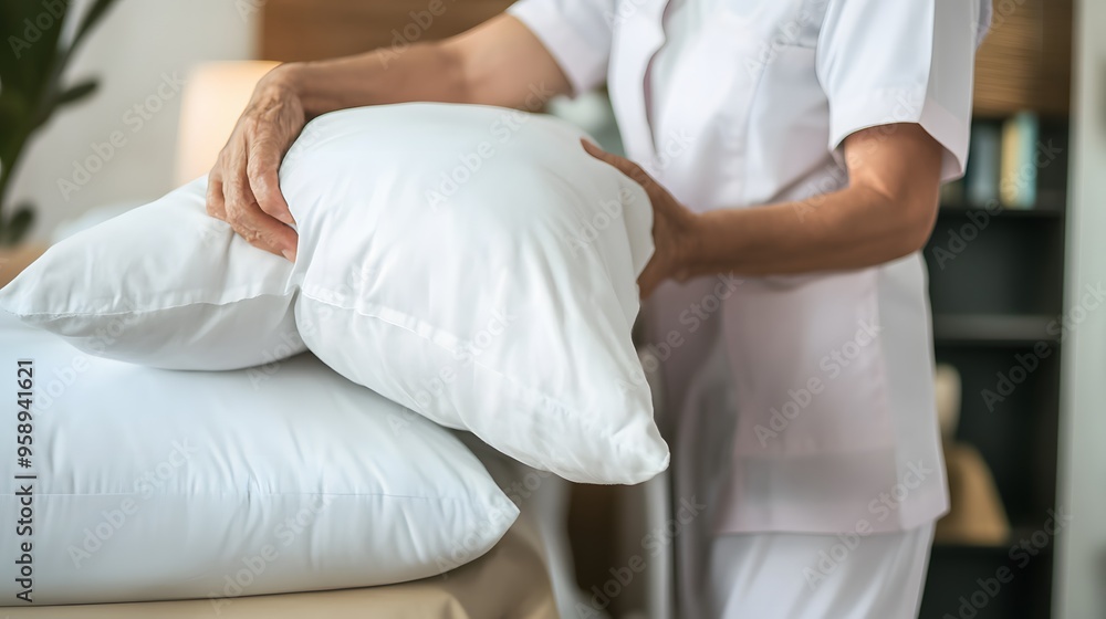 Fototapeta premium A woman in a white uniform makes a bed with crisp white linens.