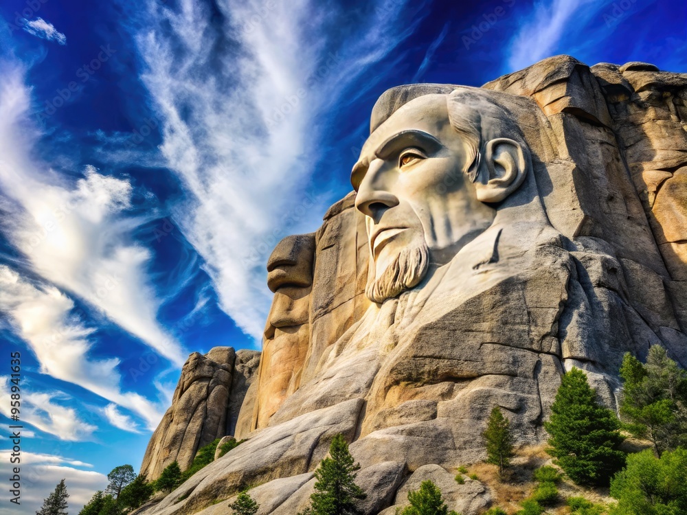 Majestic granite cliff face resembling a wise elderly man's profile, set against a vibrant blue sky with wispy white clouds. Majestic granite cliff face resembling a wise elderly man's profile, set against a vibrant blue sky with wispy white clouds.