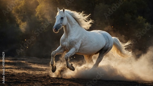 A powerful white stallion charging through flames, symbolizing strength and determination.