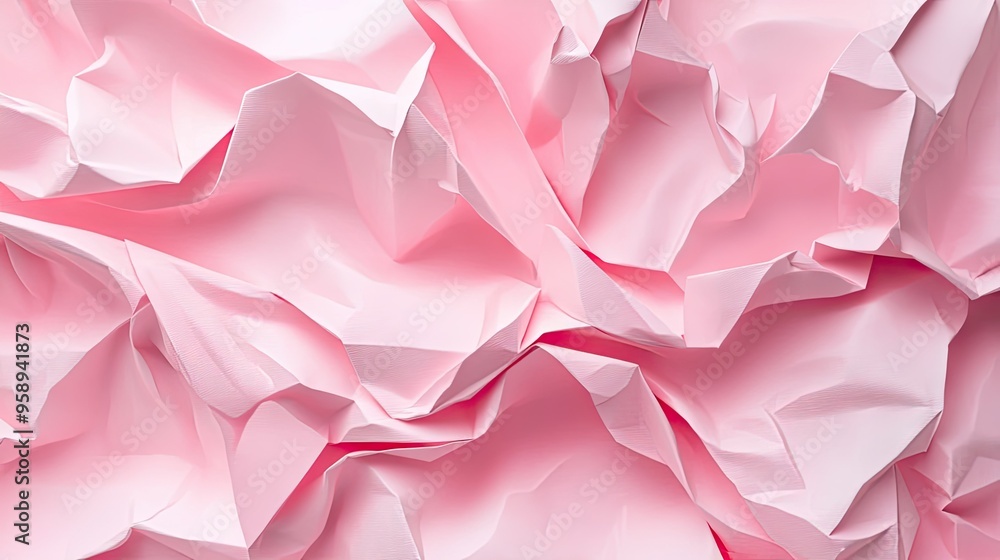 Fashionable 3D abstract background with pink crumpled paper, arranged in flowing layers, ideal for contemporary design projects. Fashionable 3D abstract background with pink crumpled paper, arranged in flowing layers, ideal for contemporary design projects.