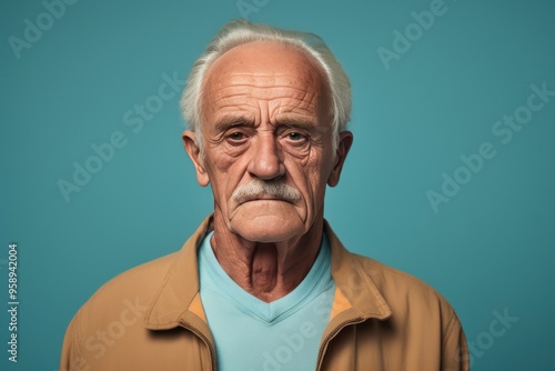 Teal background sad european white man grandfather realistic person portrait older person beautiful bad mood old man Isolated on Background ethnic diversity