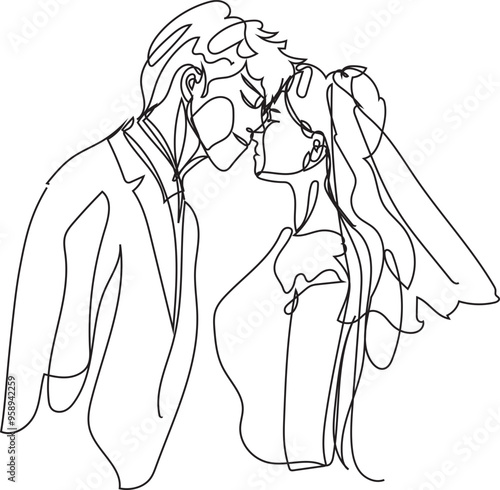 One line drawing couple illustration on transparent background.
