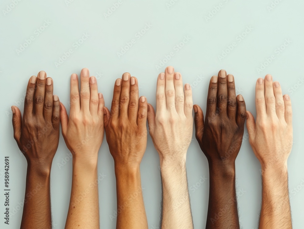 Hands of different skin tones coming together, symbol of unity and inclusion, 3D illustration Hands of different skin tones coming together, symbol of unity and inclusion, 3D illustration