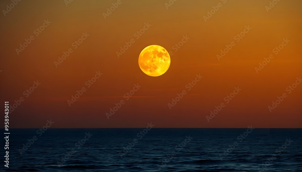 A full moon rising over a dark ocean at sunset, with an orange and red sky in the background A full moon rising over a dark ocean at sunset, with an orange and red sky in the background