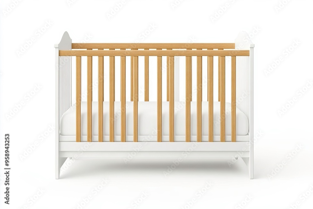 Stylish wooden crib in a modern nursery design, perfect for creating a safe and comfortable sleeping space for infants. Stylish wooden crib in a modern nursery design, perfect for creating a safe and comfortable sleeping space for infants.